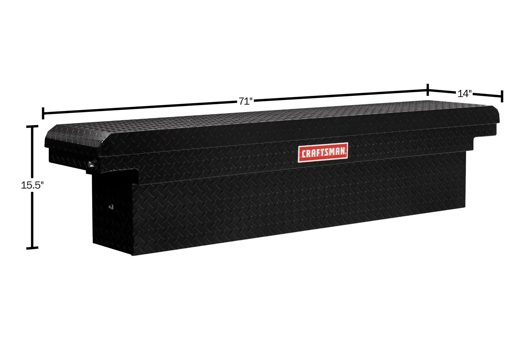 Black CRAFTSMAN truck tool box with diamond plate, shown with dimensions 71 x 14 x 15.5 inches.