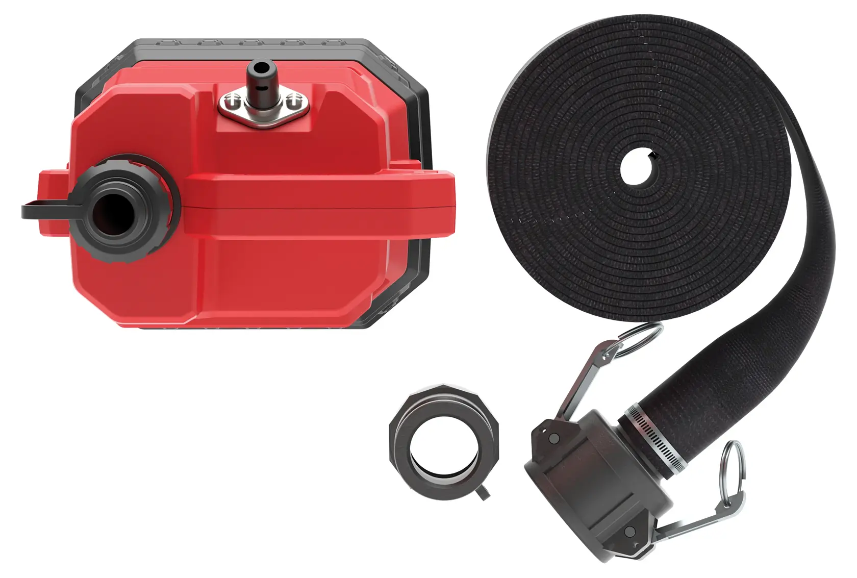 1-3HP WATER/UTILITY PUMP REINFORCED THERMOPLASTIC SUBMERSIBLE WITH PVC LAYFLAT HOSE KIT AND ADAPTERS TOP VIEW