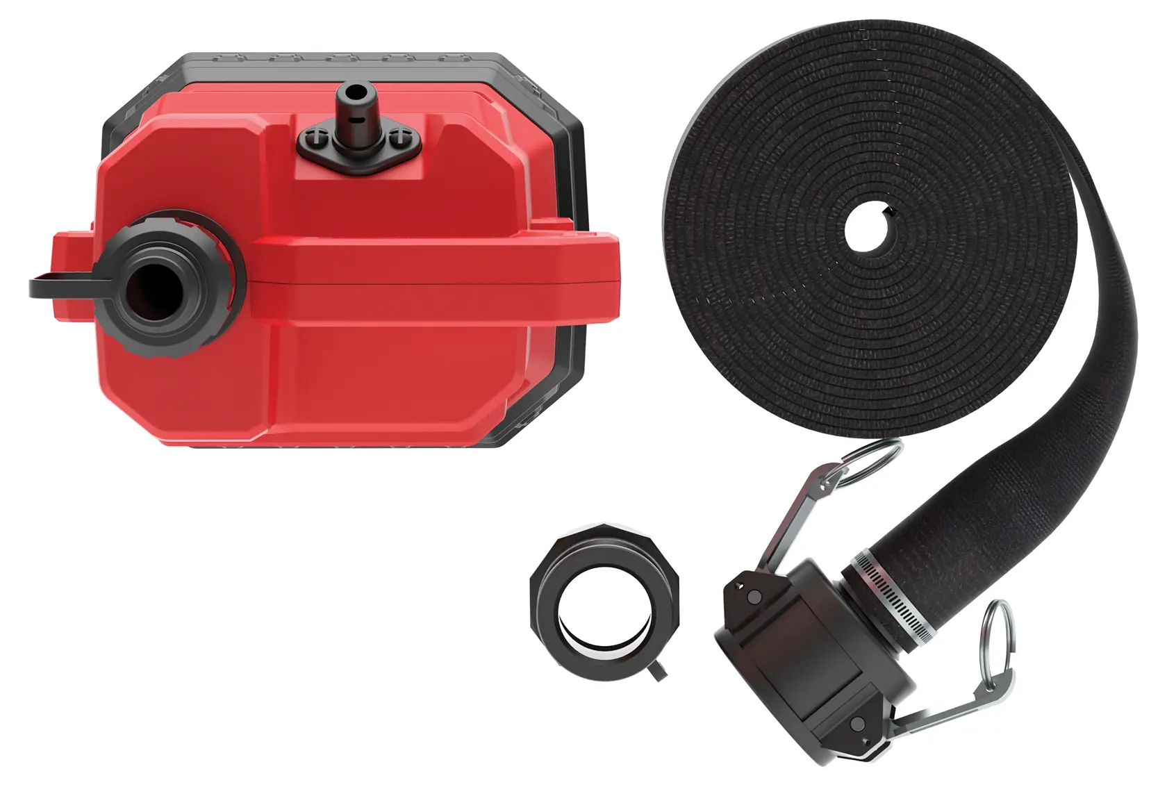 1-2HP WATER/UTILITY PUMP REINFORCED THERMOPLASTIC SUBMERSIBLE WITH PVC LAYFLAT HOSE KIT AND ADAPTERS TOP VIEW