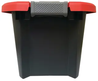 Craftsman black storage bin with red lid CMST22006 white background beauty shot front angle.