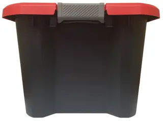 Black storage tote with red lid and textured gray handle, white background beauty shot, front angle.