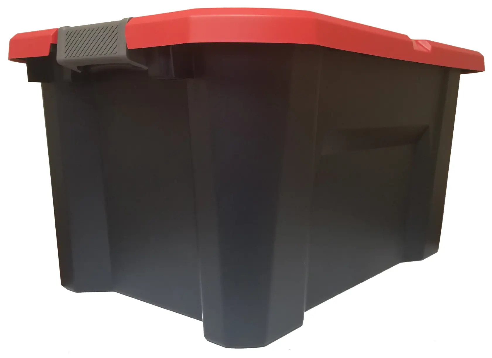 Black storage container with red lid, front angled view, white background beauty shot.