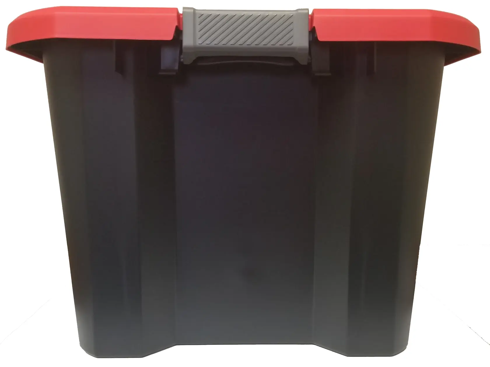 Black storage bin with red lid and gray handle white background beauty shot front angle