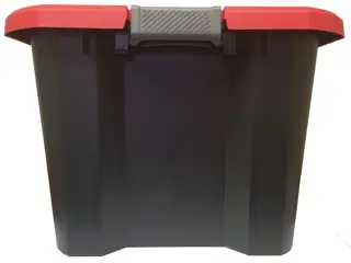 Black storage bin with red lid and gray handle white background beauty shot front angle