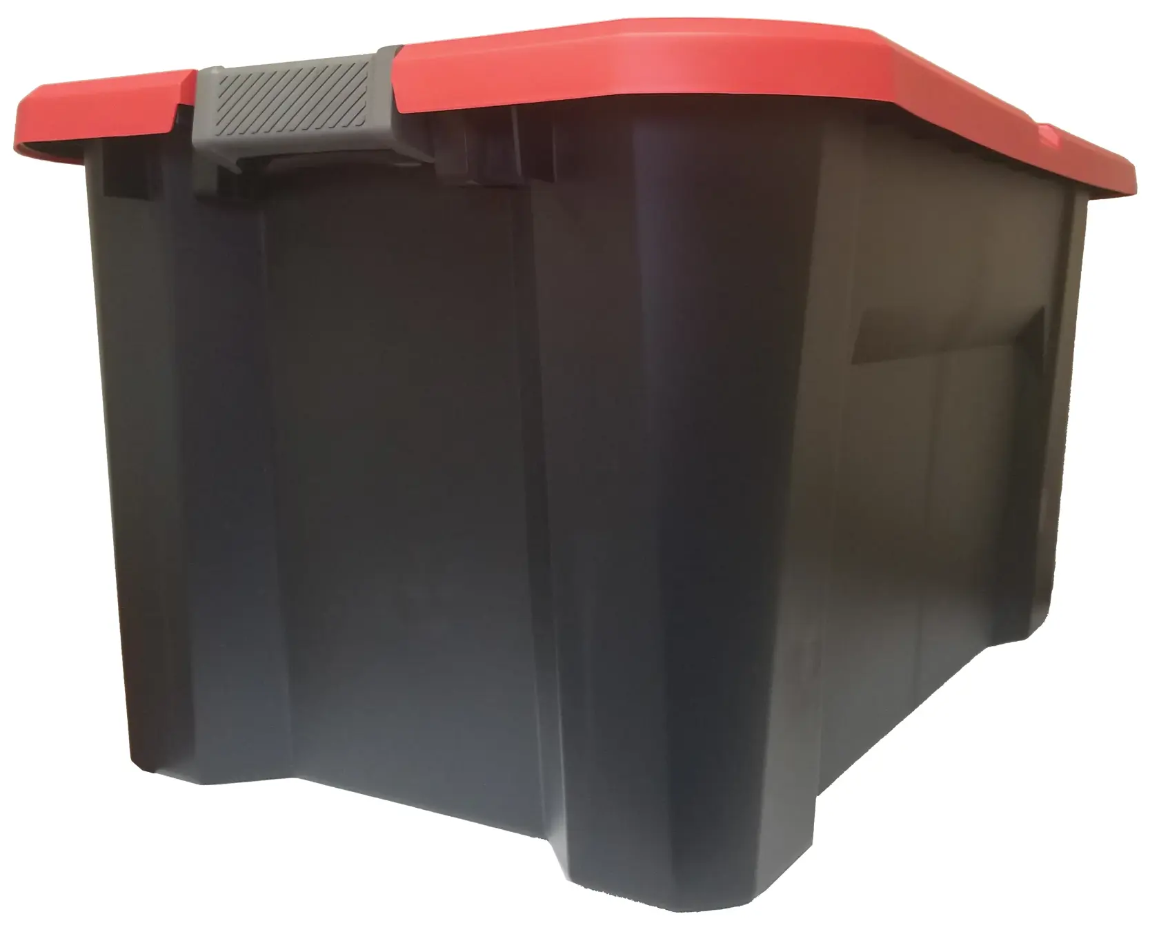 Black storage tote with red lid, angled front view, white background beauty shot