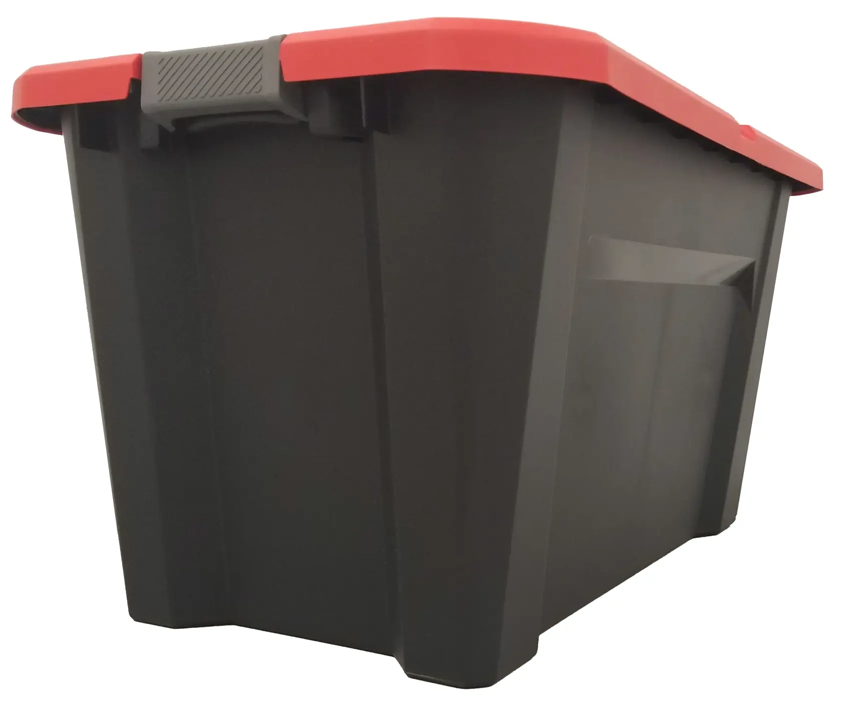 Black storage bin with red lid, angled front view, white background beauty shot.
