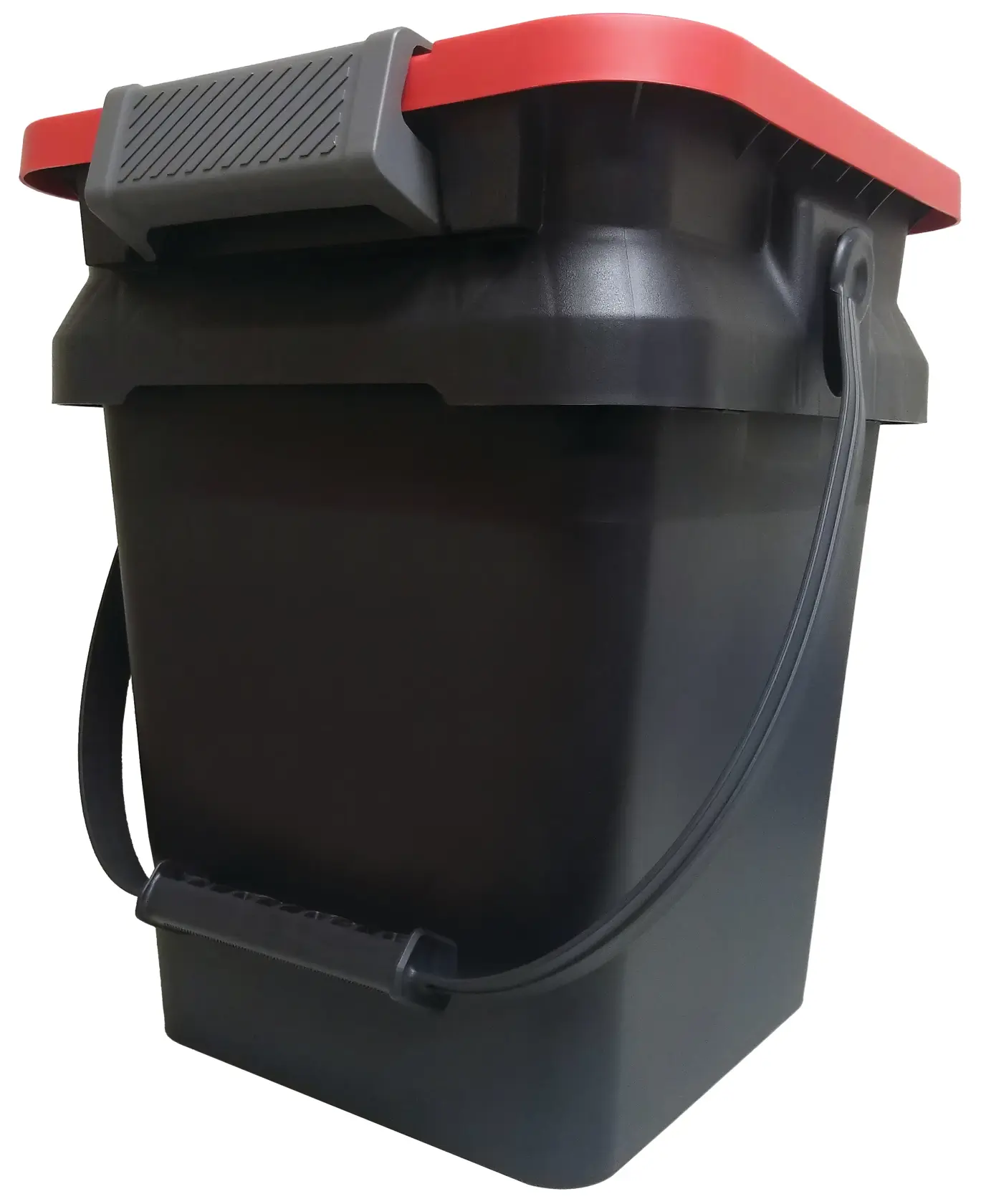 Black+Decker black storage bin with red lid and handle 24434482 white background beauty shot front angle