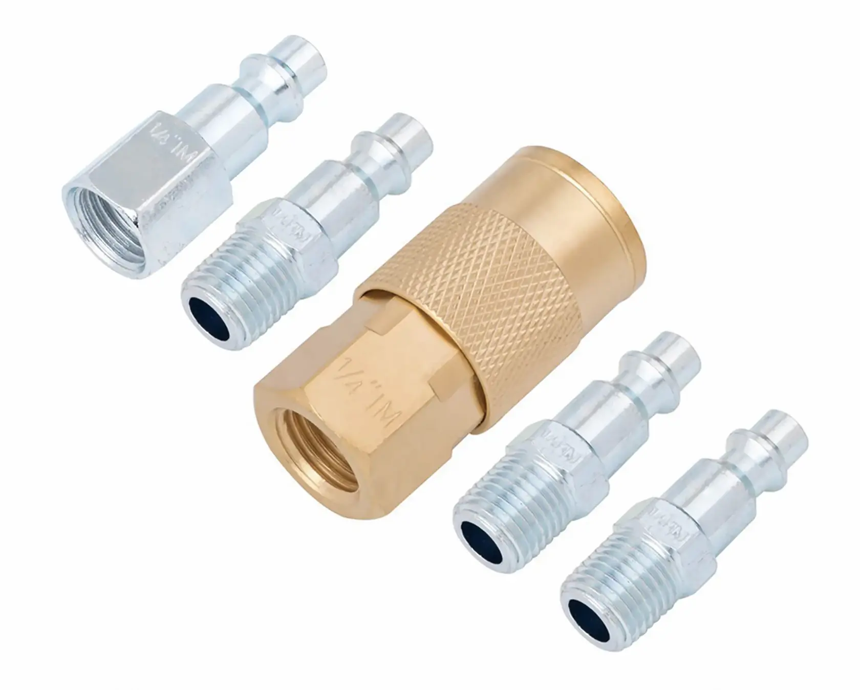 Craftsman 6-piece air compressor quick connect coupler and plug set CMXZTSG1004NB white background beauty shot angled view