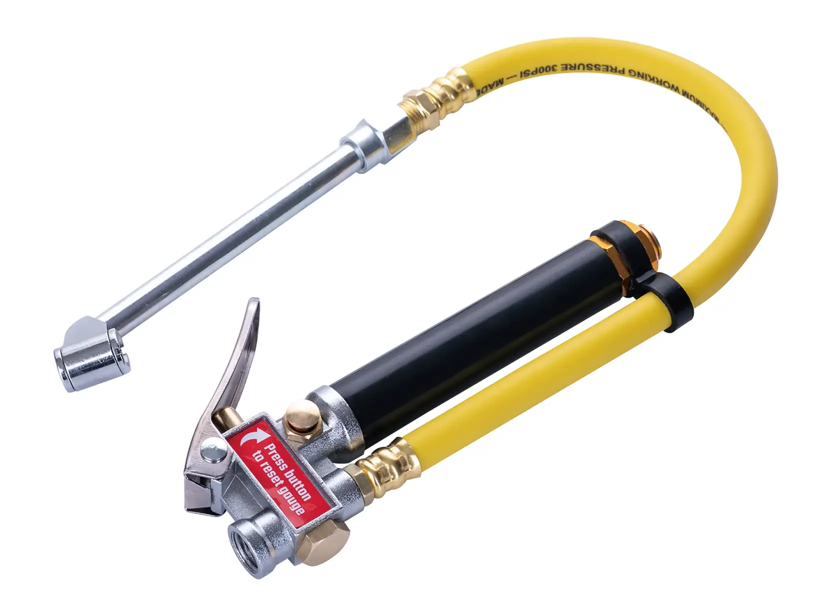 Yellow and black tire inflator with pressure gauge, metal lever handle, and flexible hose, white background beauty shot, side angle.