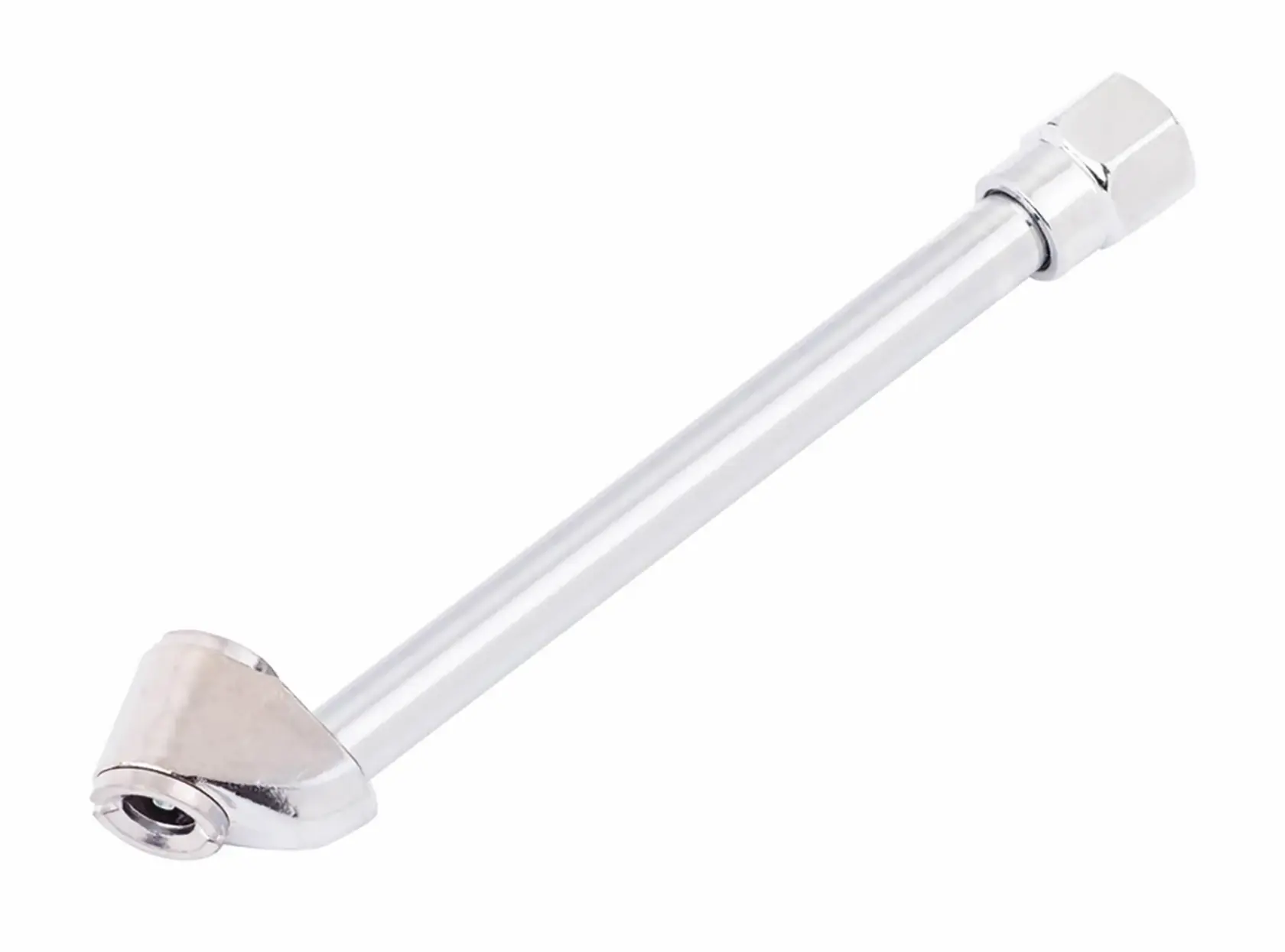Silver metal tire inflator air chuck with angled head, white background beauty shot, angled view.