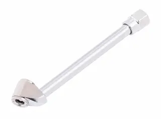 Silver metal tire inflator air chuck with angled head, white background beauty shot, angled view.