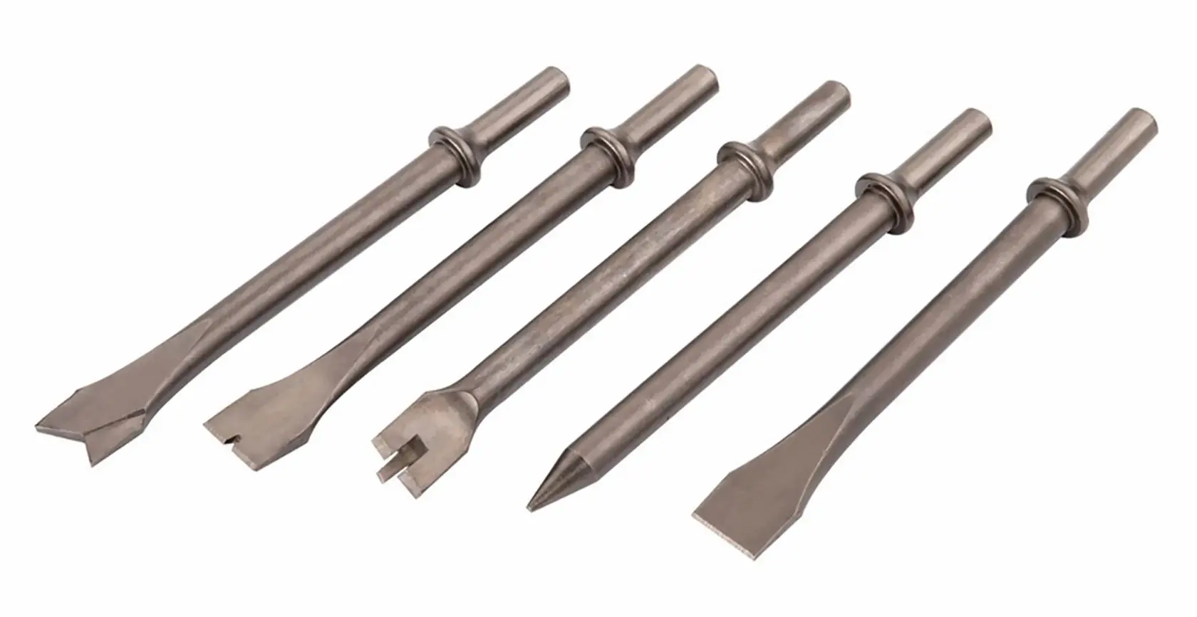 Five-piece concrete chisel set with different blade shapes, SKU 12345, white background beauty shot, angled view.
