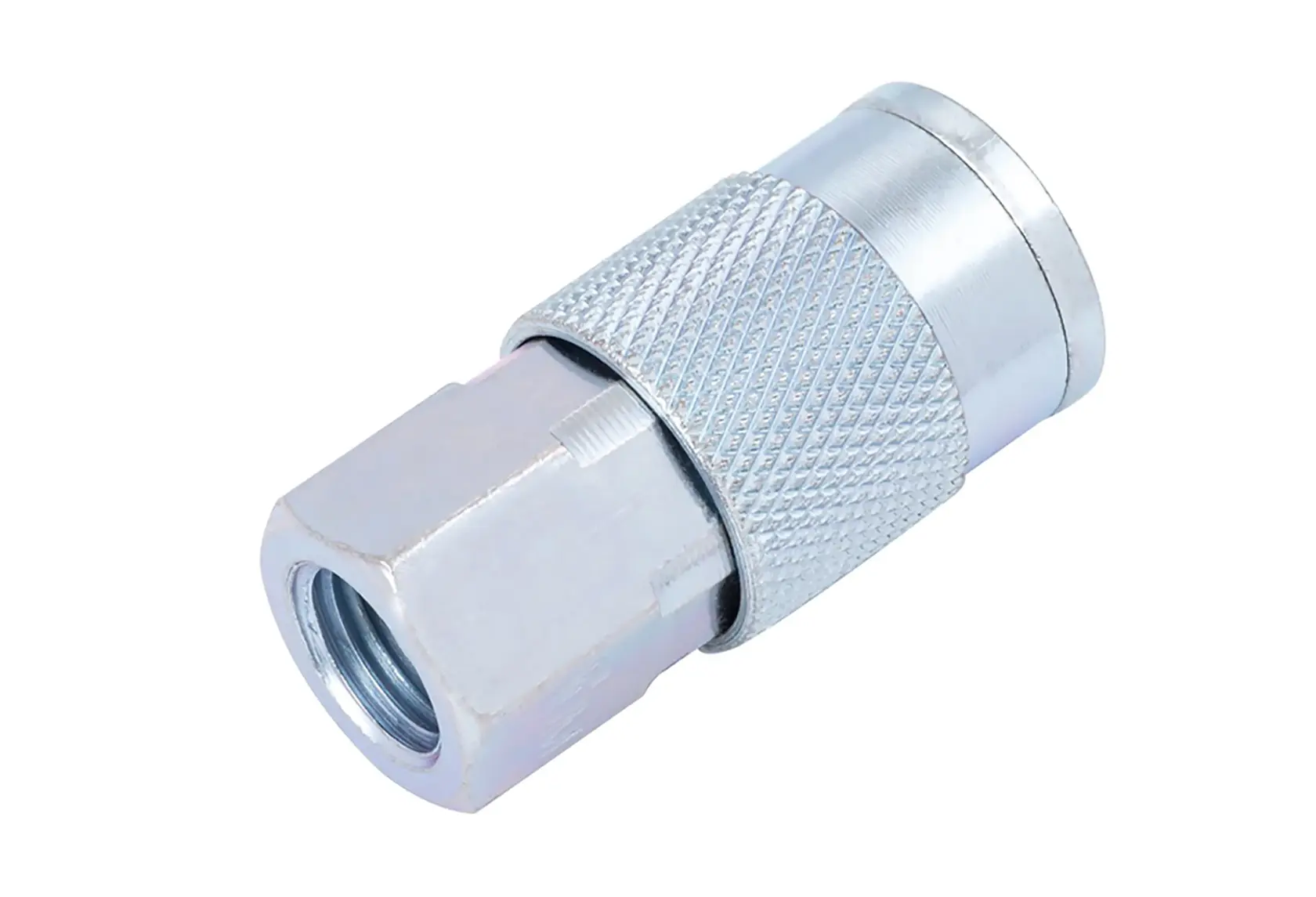 DeWalt air hose quick connect coupler DCFA1 white background beauty shot angled view