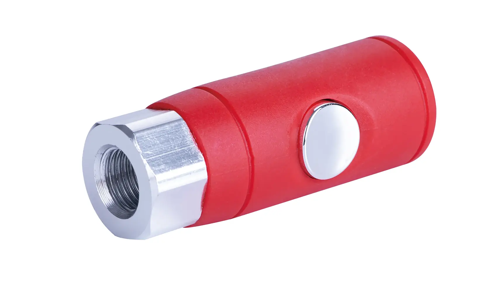 Red and silver metal air tool accessory adapter with button, white background beauty shot, angled view.