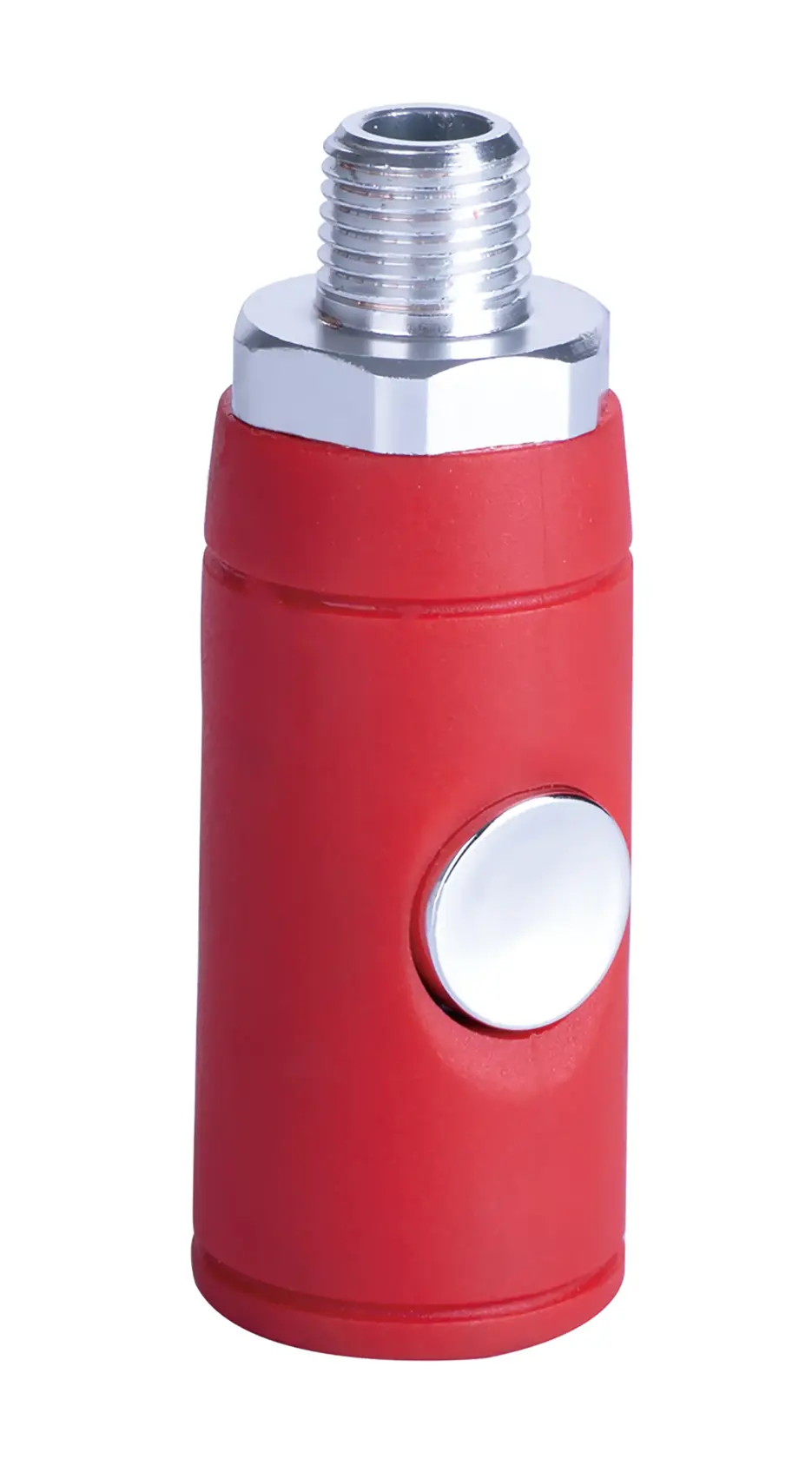 Red cylindrical metal adapter with threaded top and silver button, white background beauty shot, front angle.