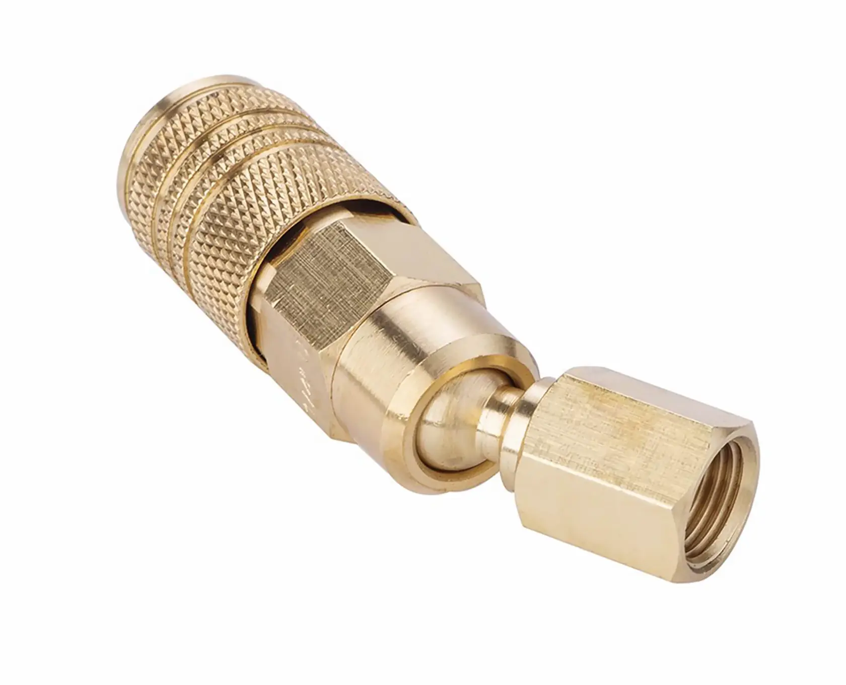 Brass coupler with knurled grip and hex connector, white background beauty shot, angled view