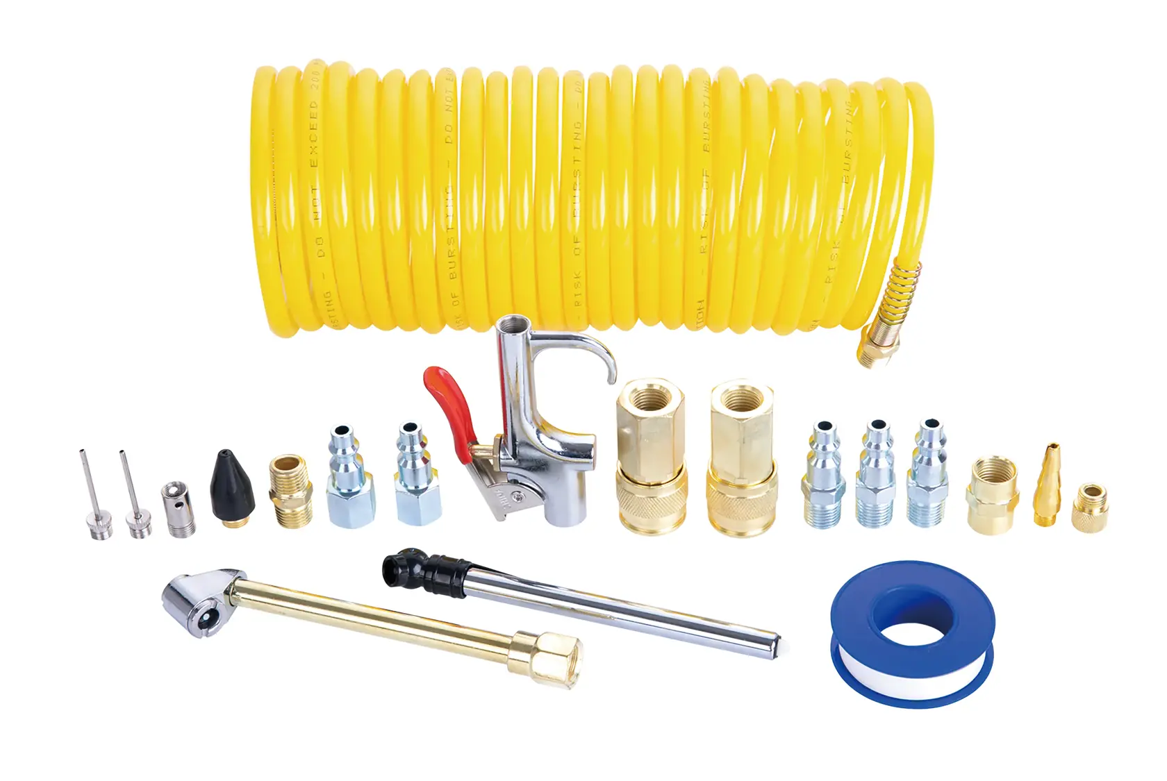 Stanley air tool accessory kit with yellow coiled hose, connectors, tape, and inflation tools STN-12345 white background beauty shot top view