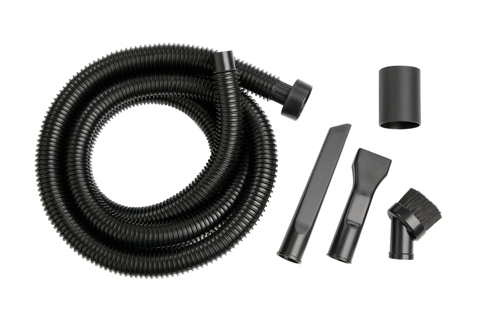 Overhead view of One and one quarter inch 5-piece Wet or Dry Vacuum Car Cleaning Kit.