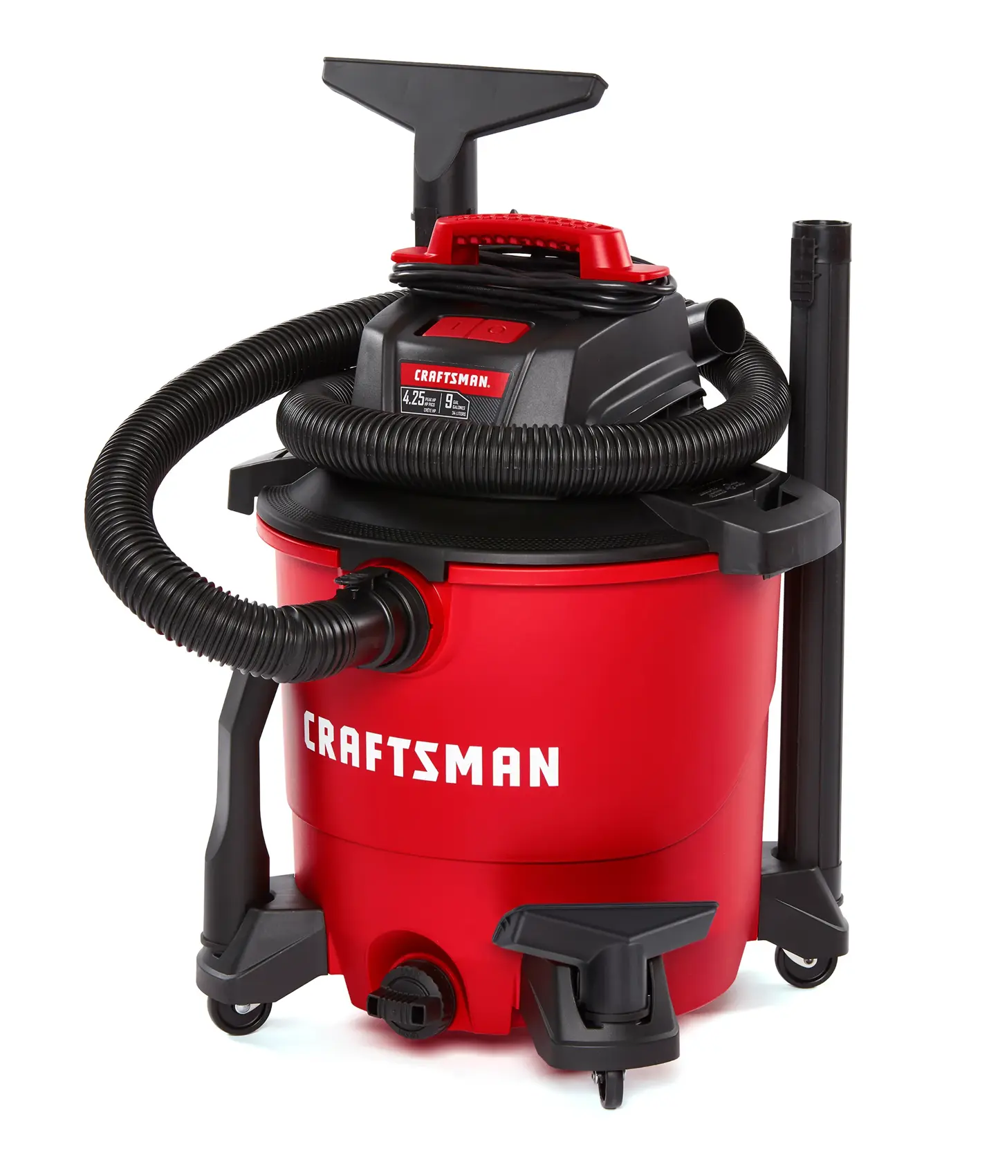 Left facing CRAFTSMAN Wet/Dry Vacuum with CRAFTSMAN 1-7/8 inch Wet Nozzle stored on board vacuum