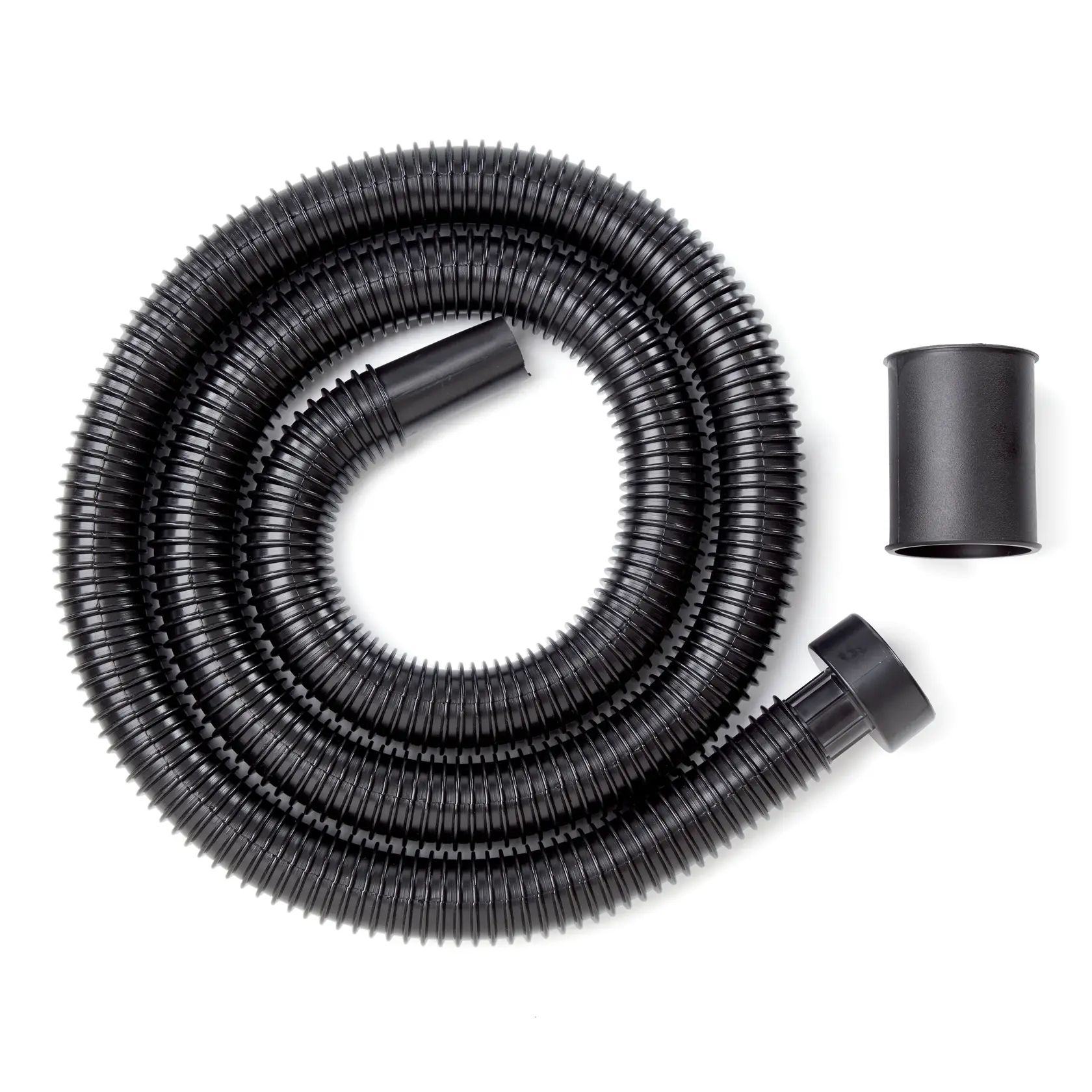 Photo of CRAFTSMAN vacuum hose and adapter, model CMXZVBE38762, black plastic, coiled on white background.