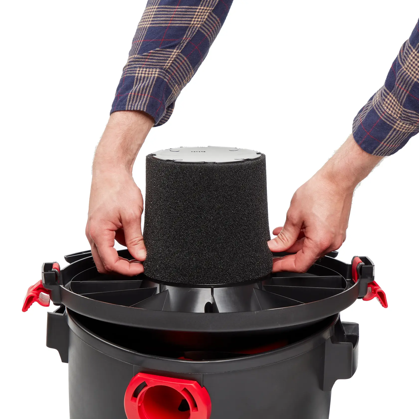 Side view of CRAFTSMAN fits Shop-Vac wet filter installation on filter cage on underside of vac lid