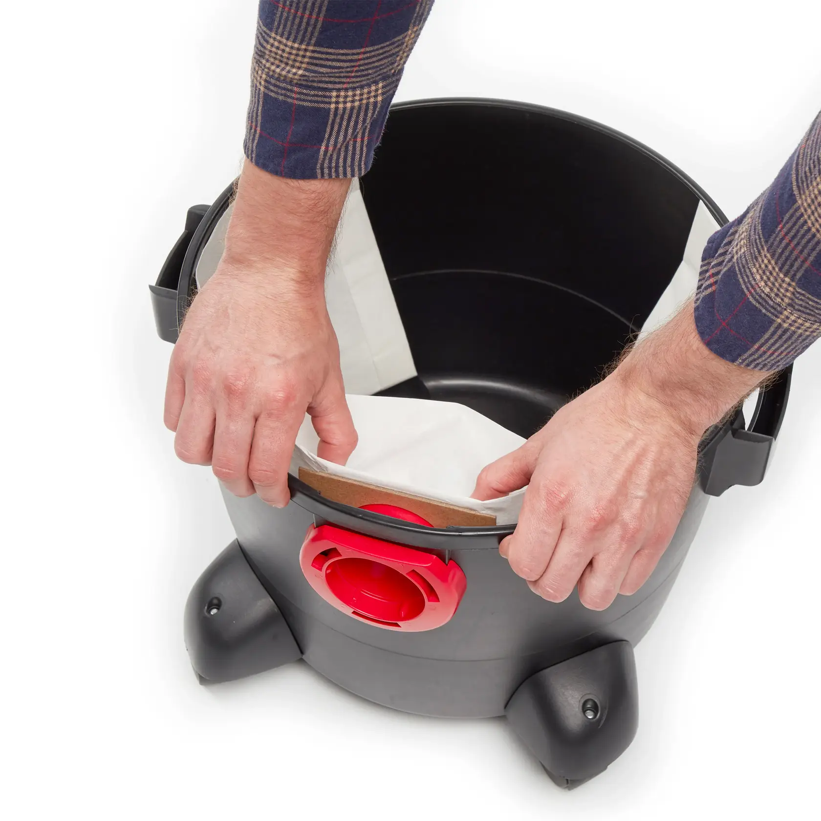 Top view of CRAFTSMAN fits Shop-Vac 5-8 gallon dust bag installation on inlet inside shop vac drum