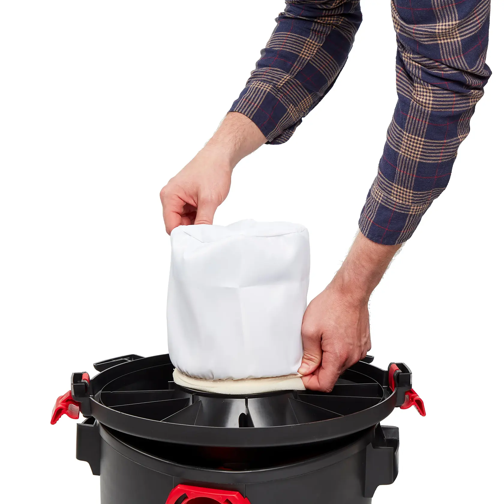 Top view of CRAFTSMAN fits Shop-Vac cloth filter installation over filter cage inside shop vac drum