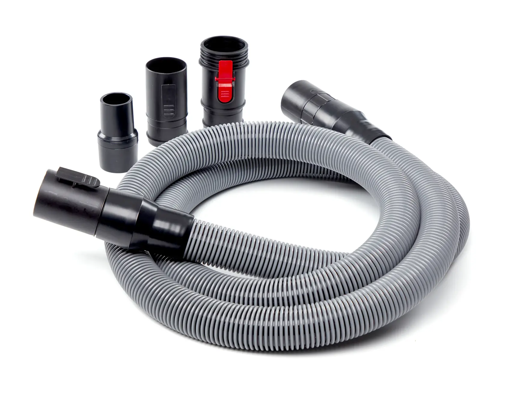 Top view of CRAFTSMAN 1-7/8 inch x 10 foot wet dry shop vacuum pro hose coiled up with 3 adapters