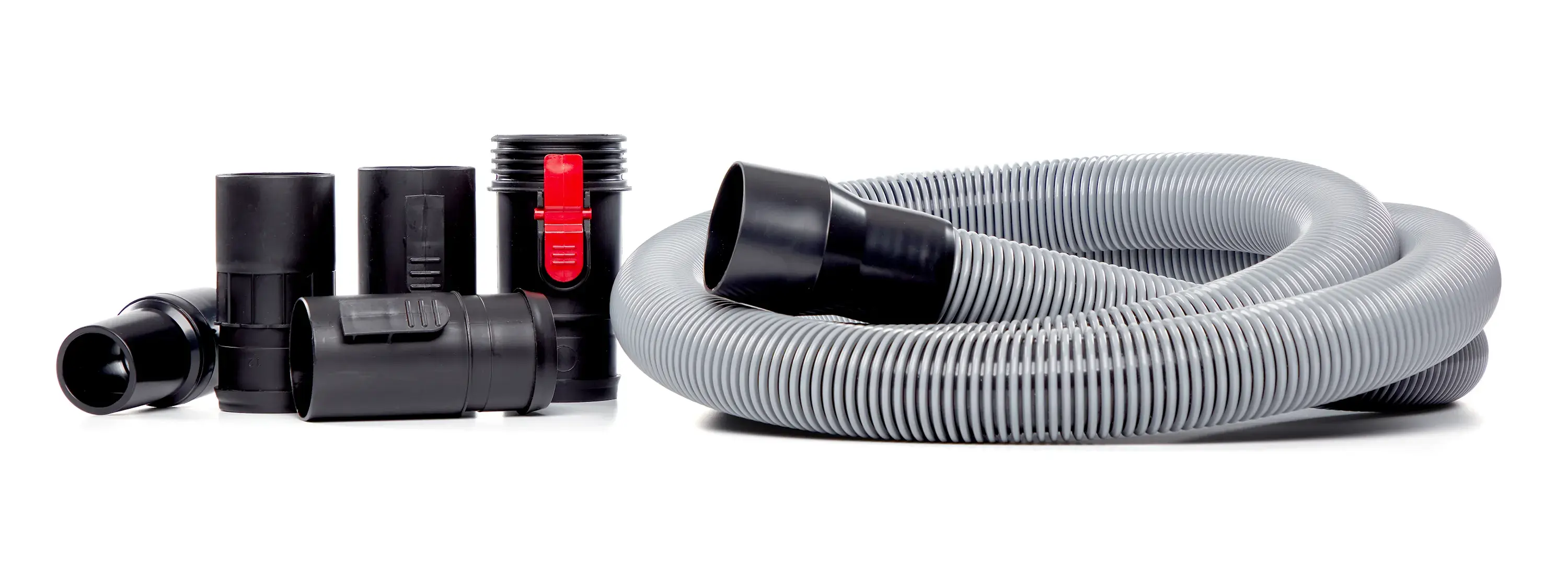 Front view of coiled-up 1-7/8 inch x 10-foot premium hose attachment with 5 included adapters