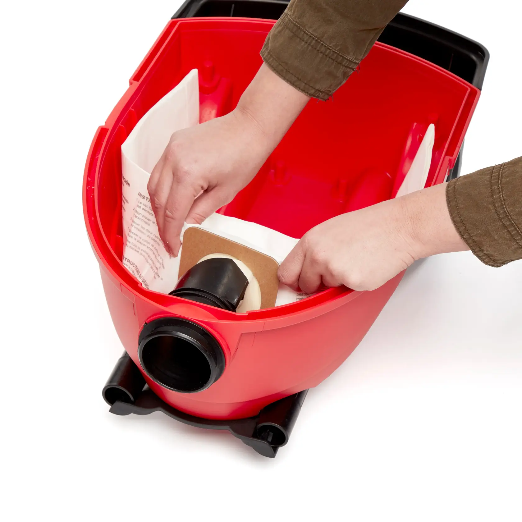 Installation of dust collection bag inside CRAFTSMAN 4 gallon wet dry shop vacuum drum with lid off