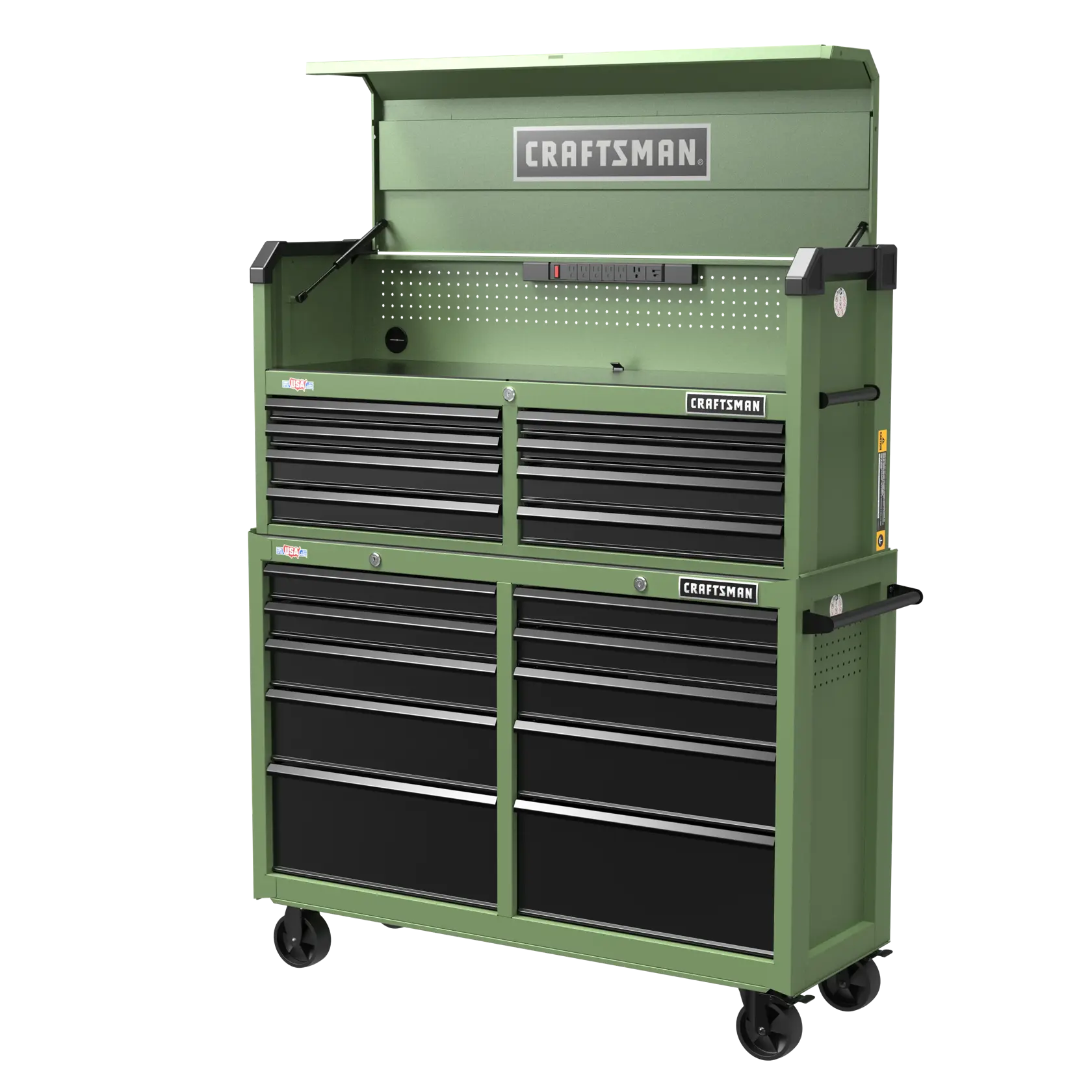 A green and black CRAFTSMAN rolling tool chest with multiple drawers, upper storage compartment, side handles, and caster wheels, suitable for organizing and storing tools in a workshop or garage.