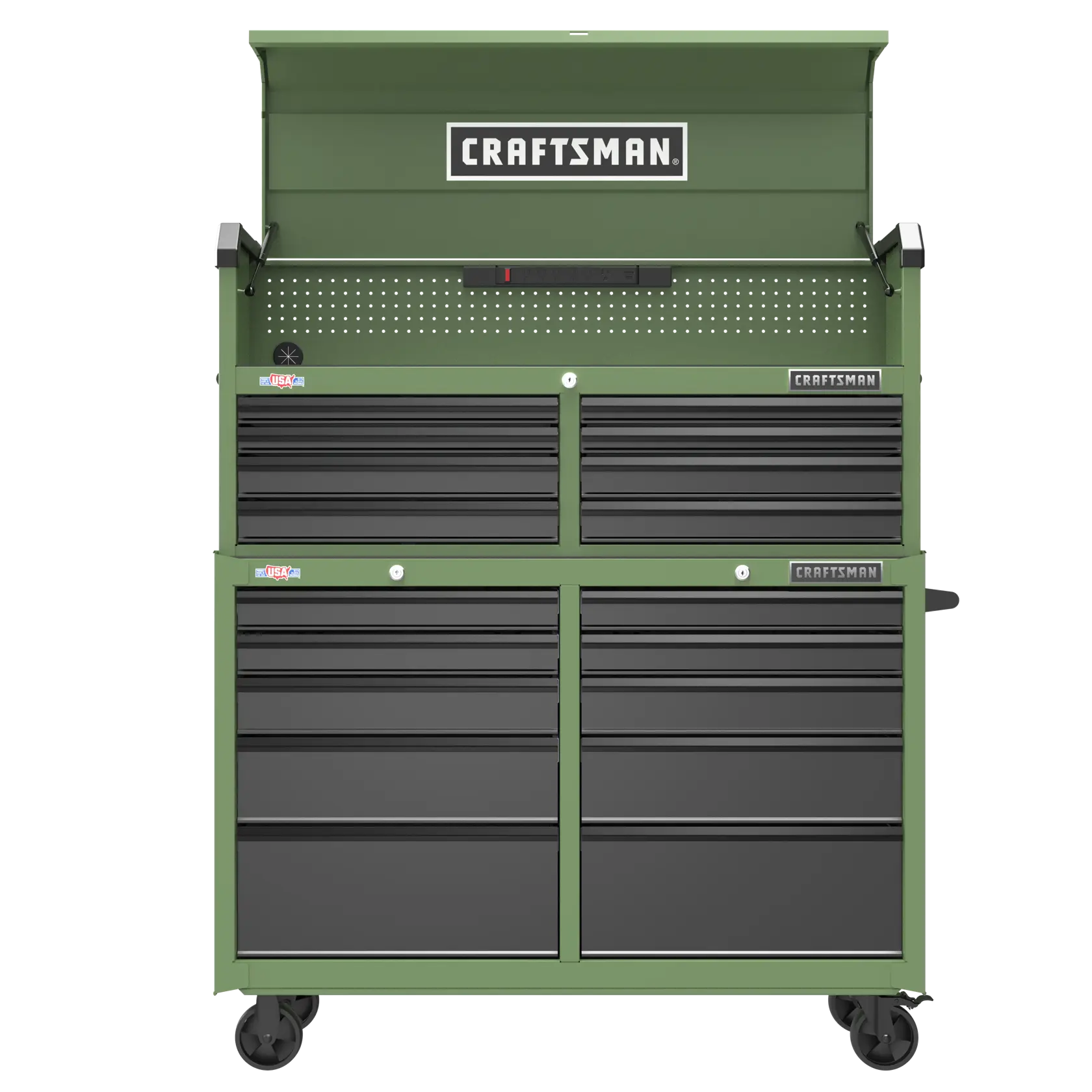 A green and black CRAFTSMAN rolling tool chest with multiple drawers and a lift-up top compartment. The tool chest has the