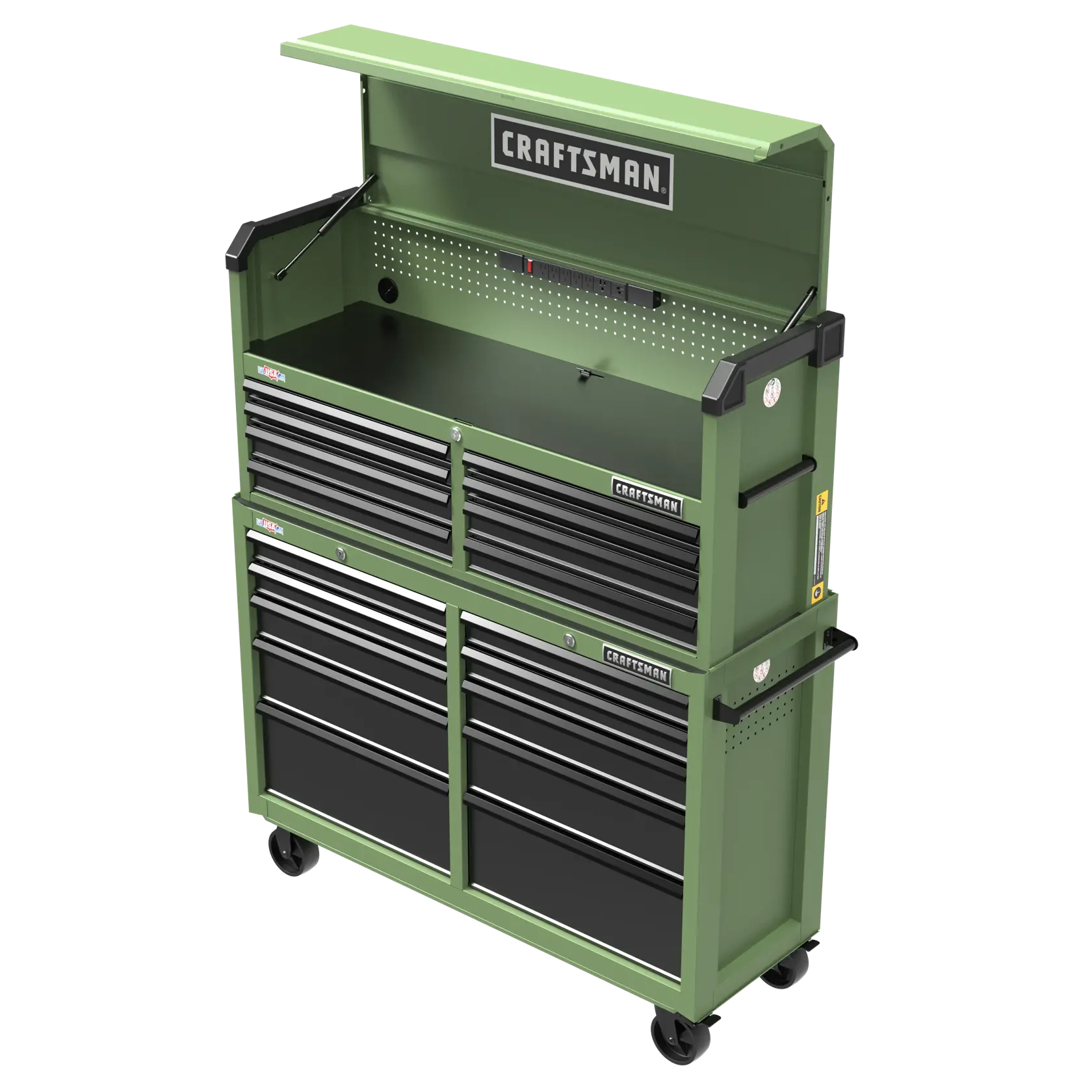 A green CRAFTSMAN rolling tool chest with multiple black drawers and an open top compartment. The tool chest is on wheels and features the CRAFTSMAN logo on the top section.
