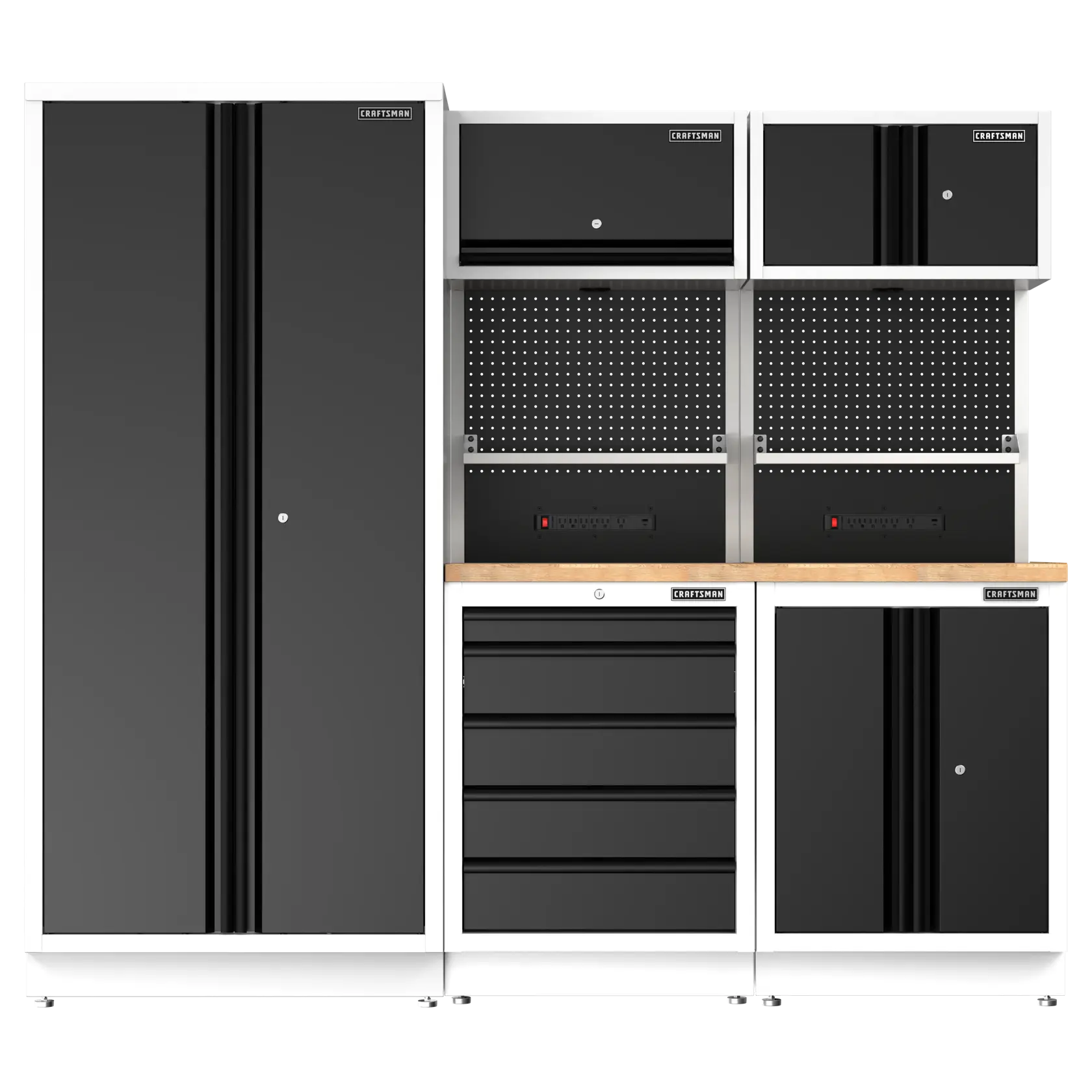 CRAFTSMAN storage set with black cabinets, pegboard, wood top. SKUs: CMST33680WG, CMST32603WG, CMST32616WG, CMST32600WG