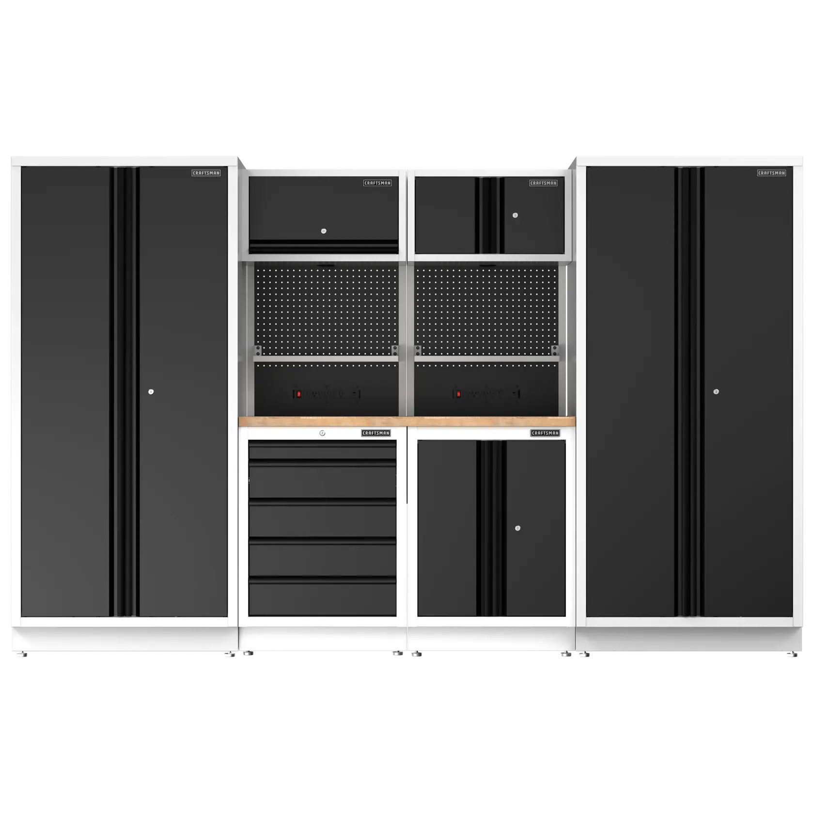 CRAFTSMAN tool storage set with black cabinets. SKUs: CMST33680WG, CMST32603WG, CMST32616WG, CMST32600WG, CMST32615WG
